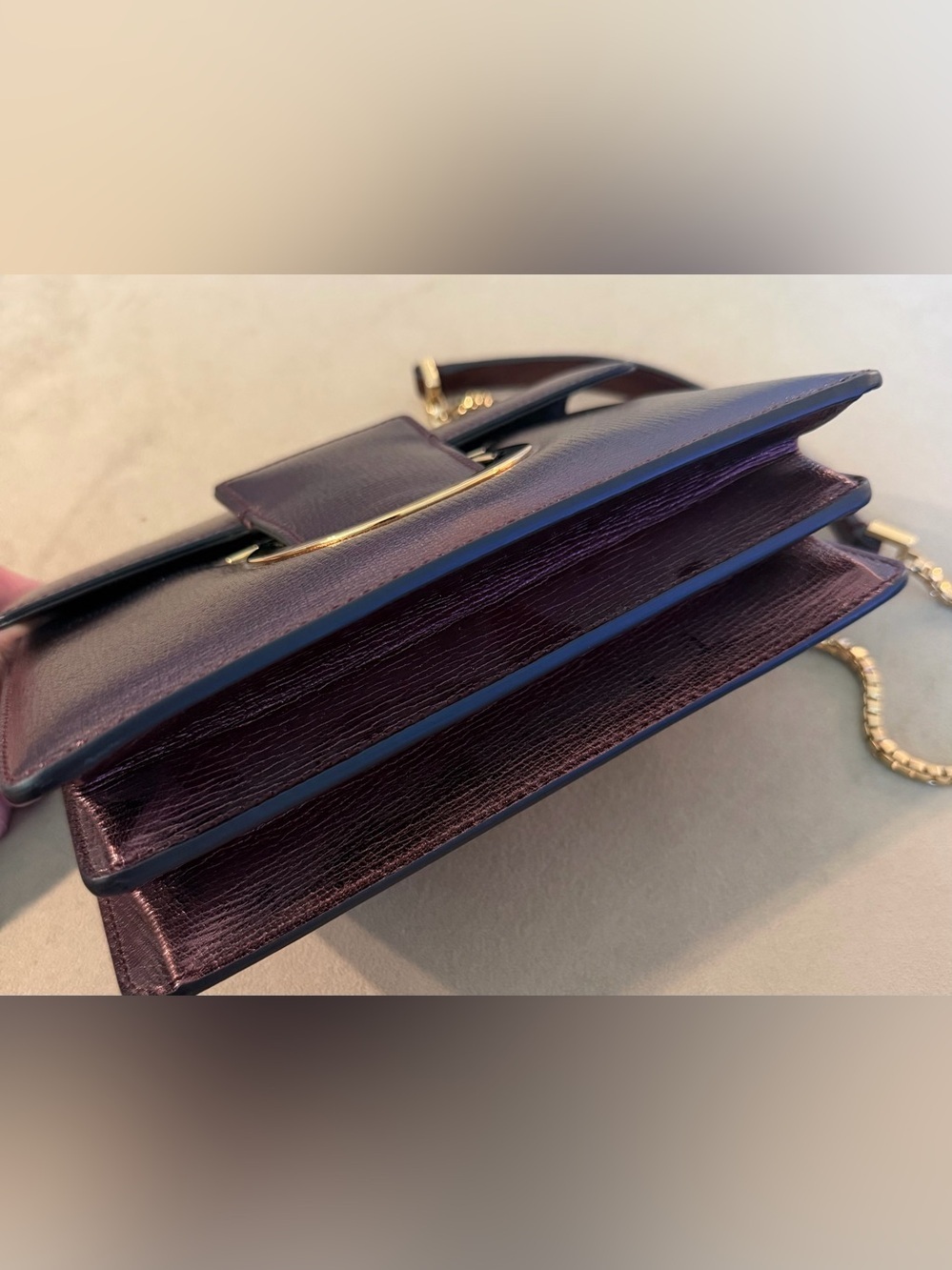 Elegant Metallic Burgundy Thalia Shoulder Bag with Gold Accent 8x6x2 - Picture 5 of 11